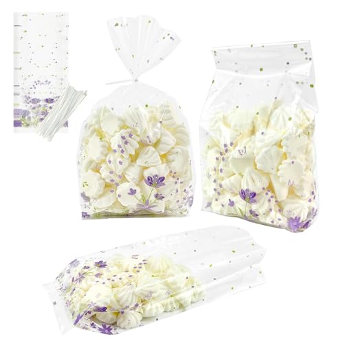 EKAPACKAGING 50Pcs 4x9.5 Inches Wildflower Flower Side Gusseted Cellophane Bags with Twist Ties, 2" Side Gussets Purple Violet Treat Bags for Cookies, Floral Spring Goodie Bags for Bridal Shower - color: Violet