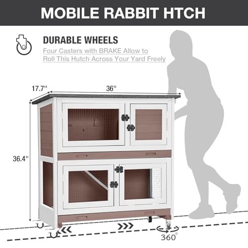 Rabbit Hutch Bunny Cage Wooden 2-Story Indoor Outdoor Small Animal House with Wheels, Two Removable Trays, Guinea Pig Cage (Brown) - color: Brown-AIR77