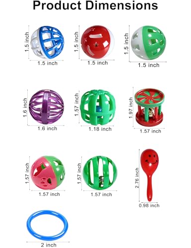 12 Pack Bell Chew Toy Balls for Parakeets Cockatiels Bird Cage Play Toys | Made of BPA Free PP Plastic, Built In Bells, 12 Mixed Shapes, Smooth Safe Edges, Fit All Standard Bird Cage Spaces