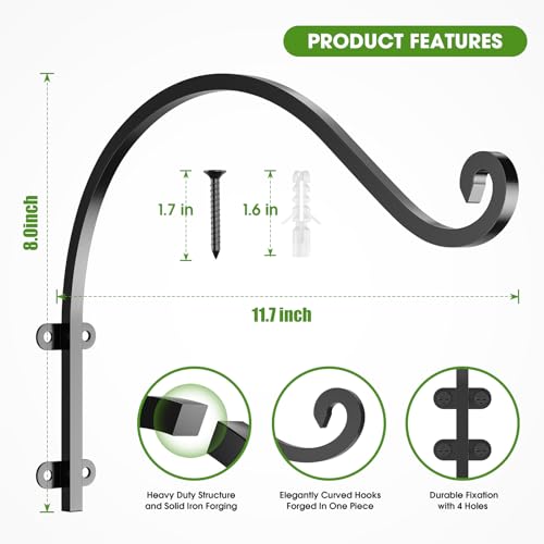 EPHECH 6Pack 12Inch Heavy Duty Hanging Plant Brackets for Plant Baskets | 80Lbs Outdoor and Indoor Hanging Brackets | Black Metal Wall Plant Hanger Hooks for Hanging Flower Pot Bird Feeder Lanterns - size: 6PCS-12Inch