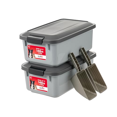 IRIS USA Dog Food Storage Container, 2-Pack, Up to 14 lbs, Gray | Made in the USA, Comes with 2-Cup Sccop, Stacklable, Airtight Seal, BPA-Free, Bird Seed, Cat food, Treats, Keeps Kibble Fresh - color: Gray/Dark Gray, size: 14 lbs - 2 Pack