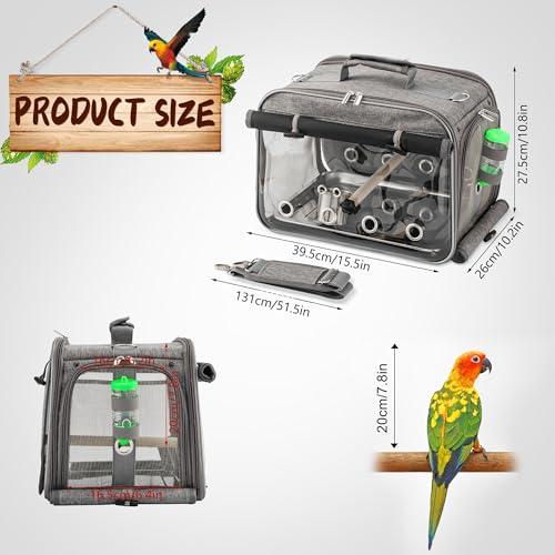 Bird Carrier Airline Approved, Bird Travel Cage with Indestructible Stainless Steel Mesh, Bird Travel Bag Lightweight and Portable with Water Bottle and Bowl - color: Grey
