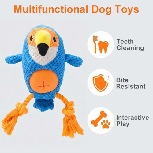 Blue Parrot Bird Dog Chew Toy, 11.0 in, Squeaker Rope Treat Toy | Pineapple Fleece, PP Cotton Filled, Nylon Reinforced Rope, Crinkle Paper, Bite Resistant, Interactive Play, Small Medium Dogs - color: Blue Parrot
