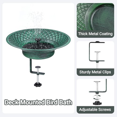 Deck Mounted Bird Bath for Outside, 12.6" Solar Bird Bath with Fountain | Metal Deck Mounted Bird Feeder with Adjustable Railing Clamp for Balcony & Patio, Outdoor Birdbath for Garden Yard Decor - color: Green
