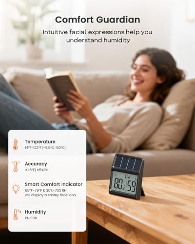 Digital Indoor Thermometer & Hygrometer, Light Powered (No Rechargeable Batteries Runs Only on Real-time Light Exposure) Solar Indoor Temperature and Humidity Monitor, Humidity Gauge - color: Black