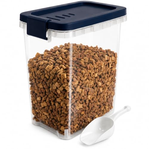 5-10 Lbs Airtight Cat Dog Food Storage Container, 8QT Compact Pet Food Bin | Plastic Food Container with Buckle-Lock Lid & Scoop for Dog, Cat, Bird Seed, Pet Food, Chicken, Dry Food, Rice, Cereal, Flour - color: Dark Blue