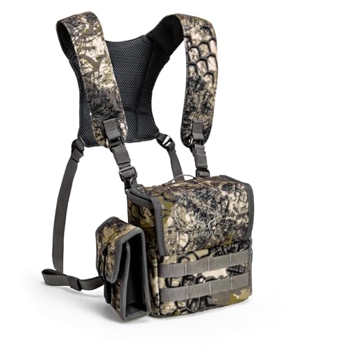 Binocular Harness Chest Pack - Rangefinder Pouch for Hunting Camo | Silent one-handed access, bino case with rain cover and removable pouch , MOLLE webbing for birdwatching and hiking - color: Camo