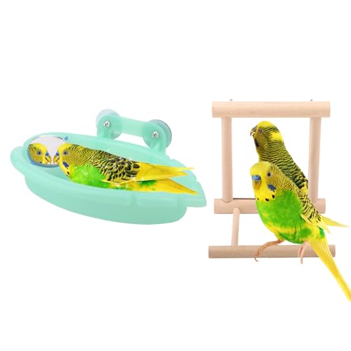 Wontee Bird Bath Parrot Bathing Tub Bird Mirror with Perch Toys for Budgies Parakeets Cockatiels Lovebirds Finches Canaries - color: Green