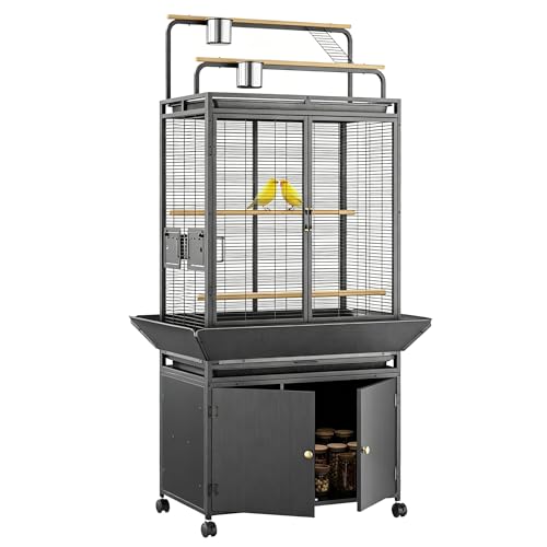 GarveeTech Extra Large Bird Cage with Play Top & Storage Cabinet, 71'' H | Corner Flight Birdcage for Parrot, Budgie, Conure, Cockatiel, Macaw, Big Rolling Bird Aviary