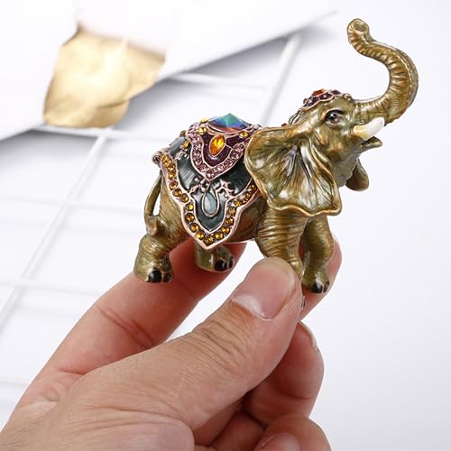 Hand Painted Enameled Lucky Elephant Trinket Box, Hinged Unique Mini Ring Necklace Jewelry Organizer, Classical Bejeweled Storage, Figurine Collectible Keepsake Home Decor (Elephant-1) - color: Elephant-1