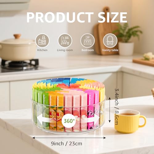 Divided Drink Packet Organizer, Largr Rotating Clear Lazy Susan Turntable | for Powdered Drink Mix, Water Drink Packet Holder, Water Flavor Packet, Coffee, Tea – Space-Saving Countertop Organizer - size: 1 Pack - Large 3 Section