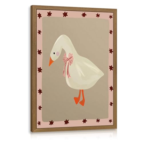 RLKHG Wood Framed Cute Goose Nursery Wall Art, Whimsical Goose with Bow Wall Decor, Pink Star Cottagecore Animal Poster Print, Sweet Farmhouse Kids Room Artwork for Girls Bedroom 12x16 Inch - color: CuteGoose, size: 16"L x 12"W