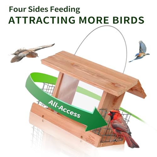 Solution4Patio US Cedar Hopper Bird Feeder for Outdoors Hanging, Handcrafted Wood Double Suet Cage & Clear View Windows, Squirrel-Proof Wild Bird Feeder for Cardinals, Finches, Chickadees - style: Rectangle