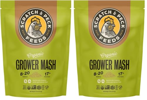 Scratch and Peck Whole Grain Grower Mash Chicken and Duck Feed - 10 lbs Bag - Corn-Free and Soy-Free - 17% Protein, Certified Organic and Non-GMO Project Verified Chicken Food (Pack of 2) - size: 10 Pound (Pack of 2), style: Grower Feed