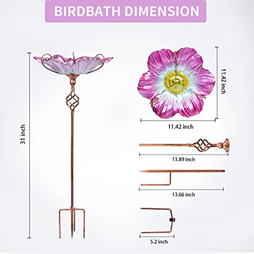 Glass Birdbath Birdfeeder with Metal Stake Garden Yard Outdoor Pink | 31inch height stain glass bird bath for outside,pink flower bird bath bowl,attract wild birds and beautify outdoor gardens - color: Pink+Yellow
