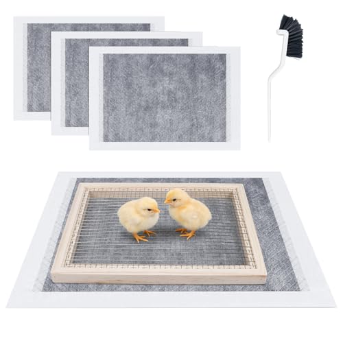 Chick Brooder Pads Kit with 4 Hatchling Liners, 1 Wooden-Frame Metal Grid Tray and 1 Cleaning Brush, Odor-Control Brooder Maintenance Kit, Keeps Feed and Water Clean, for Baby Chicks