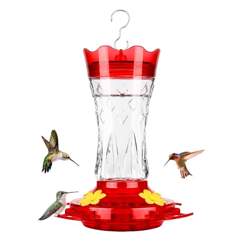 Glass Hummingbird Feeders for Outdoors, Built-in Ant Moat, Red, 15oz | 4 Bee Guard Feeding Ports with Perches, Leak Proof, Stars Decor, Easy Refill & Clean, Yard Decor, Gifts for Women Men Mom Dad - color: Red