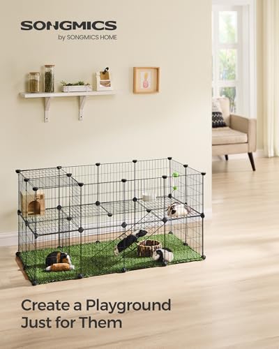 SONGMICS 36 Panels Pet Playpen, Small Animal Playpen, Rabbit Guinea Pig Cage, Zip Ties Included, Metal Wire Apartment-Style Two-Story Pet Premium Villa for Bunnies Puppies,Indoor Use, Black ULPI002B01 - color: Black, size: 48.4"L x 24.8"W x 24"H