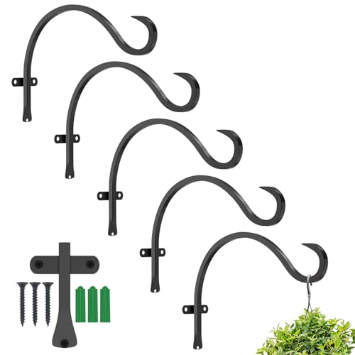 12 Inch Heavy Duty Plant Hanger Wall Hook 5 Pack - Black Iron Hanging Plant Bracket Holds 44 lbs - Rust Resistant Indoor Outdoor Hooks for Bird Feeders Lanterns Wind Chimes Hanging Baskets with Screws - size: 5 Pieces