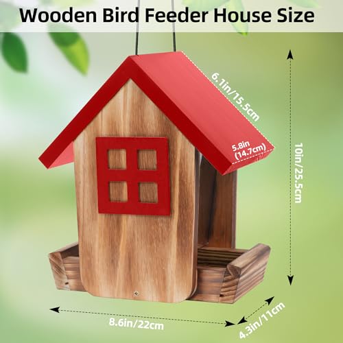Wooden Hanging Hopper Bird Feeder for Outdoors with Weatherproof Roof Red | Bird House Feeder Attracts Various Wild Birds Cardinals, Bluebirds for Backyard, Yard and Patio Hanging Feeding - color: Red