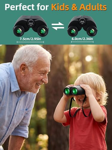 Binoculars for Adults and Kids, 20x25 Compact High Power Binoculars with Low Light Vision for Bird Watching, Large Eyepiece Waterproof Outdoor Hunting, Travel, Sightseeing
