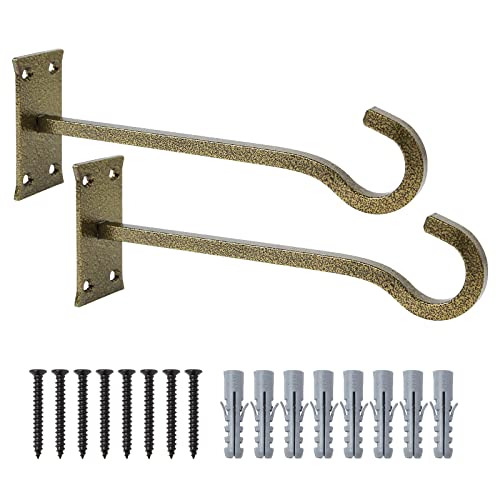 10" Heavy Duty Wall Plant Hanger, 2 Pack Gold Hammertone | Rustproof, holds 35 lbs, mount for garden patio porch indoor outdoor, fits bird feeders lanterns flower pots wind chimes - color: Gold Hammertone, size: 10in Steel Heavy Duty