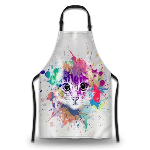 Housewife Apron for Women Abstract Colorful Cat Fun Aprons for Men for Kitchen Cooking Restaurant BBQ Painting Crafting Gardening 27” (W) x 31” (H), Waterproof Apron - color: Abstract Colorful Cat
