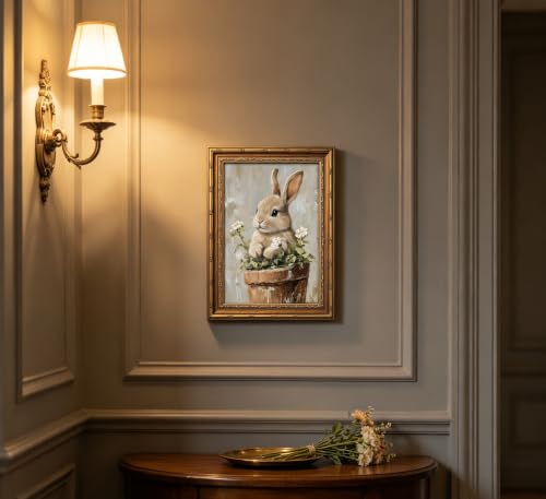 Vintage Gold Framed Easter Bunny Wall Art Floral Rabbit Cottagecore Oil Painting Canvas Prints Spring Flower Botanical Picture Poster Rustic Farmhouse Nursery Animal Artwork for Living Room Bedroom - color: Bunny, size: 16"L x 12"W
