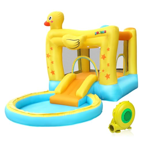 Bonnlo Inflatable Water Bounce House with Slide, Inflatable Water Slide with Sprayer and Pool, Duck Shaped Backyard Water Park for Kids Ages 3-10, Equipped with Blower, Heavy Duty