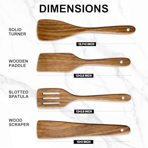 Non Toxic Wooden Spatula for Cooking Utensil Set Acacia Wood Spatula Set | 4 Pack Bamboo Cooking Spoon Flat Slotted Turner Spatulas for Kitchen Use Cast Iron Scraper Spurtle Thin Egg Flipper Spatula - color: 4Pcs-Spatula