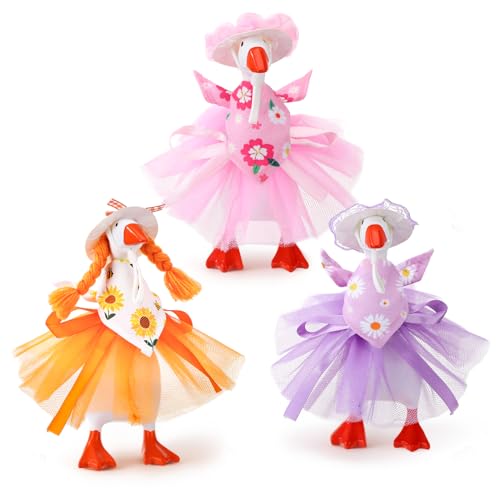 3 Sets 7 Inch Spring Desk Goose Outfits | Mini Bonnet Mesh Skirt Floral Bandana for Magnetic Statue Desk Decor
