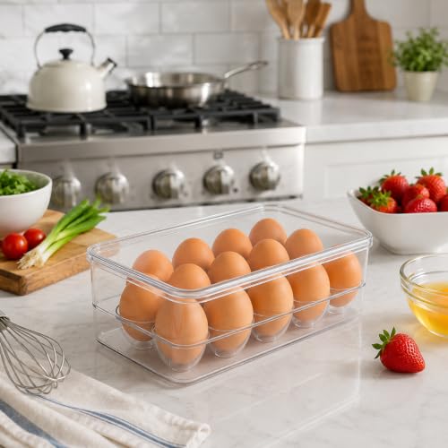 Dependable Industries inc. Essentials Stackable Plastic Egg Holder for Refrigerator with Lid – Clear 12 Count Fridge Egg Container, BPA Free Egg Storage Organizer Bin