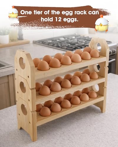 Bamboo Egg Holder Countertop with Silicone Egg Cleaner, 3-Tier Egg Holder for 36 Eggs, Stackable Design for Fresh Eggs, Farmhouse Egg Tray Storage Display Rack，Fits Quail, Duck, Chicken Eggs