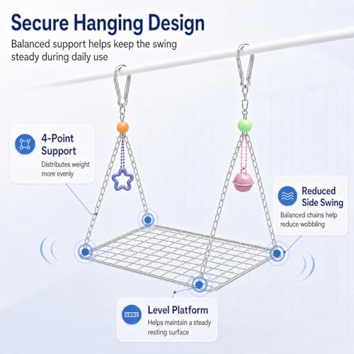Bird Swing for Parakeets – Durable Stainless Steel Hanging Bird Perch Toy, Fits Bird Cages, Compatible with Budgies, Lovebirds, Cockatiels, 8 × 6 in (Square S) - size: Square S