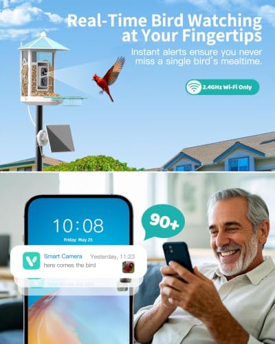 Onlyfly Metal Bird Feeder with Camera and 74.5 Inch Pole - Smart Camera Bird Feeder Solar Powered with 2k Live Stream for Backyard, Ai Identify Auto Capture Videos, Gifts for Birdlover Mom Dad - color: Light blue