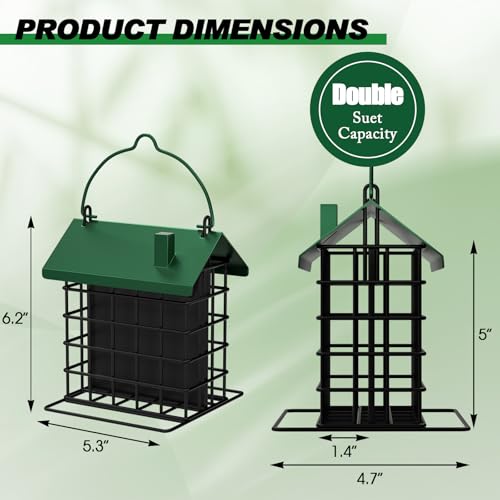 Gbekery All-Metal Double Suet Bird Feeder for Outdoors Hanging, Suet Cake Cage Holder with Weather-Resistant Roof & Perch for Outside Garden, Green - color: Green