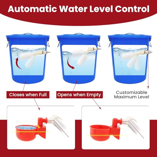 Automatic Chicken Waterer System Complete Set Pipeline Poultry Water Feeder with Water Cups, Float Valve, Garden Hose for DIY (Bucket Not Included)