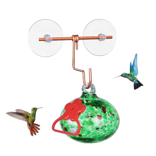 Pozfun Window Hummingbird Feeder with Suction Cups,Hand-Blown Glass Hummingbird Feeders for Outdoors Window Mounted with Metal Hook,Close Bird Watching,Finch in Garden,Yard(Green) - color: Green