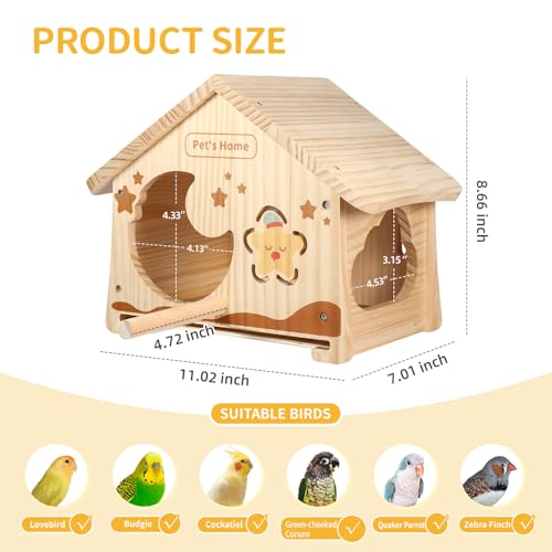 Wooden Bird House with Removable Wood Tray & Stainless Steel Mesh Bottom, DIY Paintable Birdhouse for Lovebirds Budgies Cockatiels Conures, Cozy Bird Nest Indoor Outdoor Use (Wood Tray + Steel Mesh)