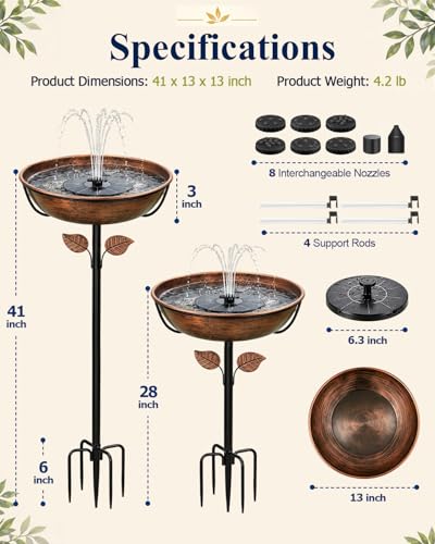 Metal Bird Bath with Solar Fountain for Outside, 3" Deep Removable Bowl Easy to Clean, Solar Powered Birdbaths with 5-Prong Stake, Outdoor Solar Bird Bath for Yard Lawn Decor, 1.4 Gallon