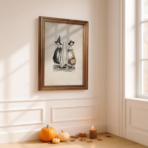 Funny Animal Goose Witchy and Ghost Wall Art Gold Framed 08x10 inch Vintage Halloween Spooky Poster Aesthetic Gothic Canvas Prints For Farmhouse Nursery Wall Decor - color: Beige, size: 10"L x 8"W, style: Gold Framed