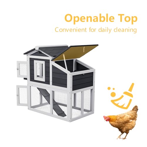 Small Chicken Coop for 2 Chickens, Wooden Chicken Coops with Nesting Boxes Indoor Outdoor, Predator-Proof Bunny House Rabbit Hutch Poultry Pet Tractor Cage with Waterproof Roof, Stairs&Removable Tray - color: Grey