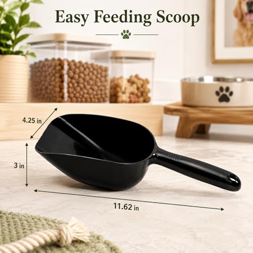 Pet Food Black Scoop, 11.62in Large Plastic Feed Scooper with Ergonomic Handle, Lightweight Food Storage Scoop for Dry Dog Food Cat Food Bird Seed Grain Treats and Bulk Pantry Ingredients