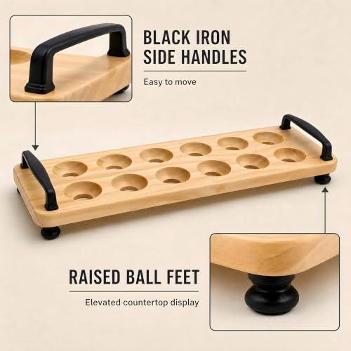 Wooden Egg Holder for Countertop, 12 Eggs Farmhouse Storage Tray | Natural solid pine wood, waterproof coating, rustic countertop egg storage display, black iron handles with ball feet