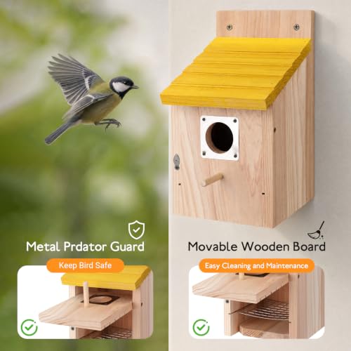 Marsui 4 Pack Wood Bird Houses for Outside Blue Bird Houses Set with Pole | Bird Houses for Outdoor, with Metal Guards, Safety Locks, Flight Slots, Ventilation for Bluebirds Wrens Finches