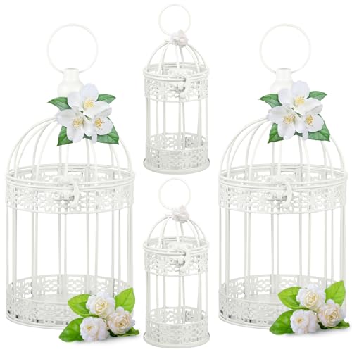 Sliner 4 Pcs Decorative Bird Cages for Centerpiece Metal Vintage Hanging Lantern Bird Cage Birdcage Candle Lanterns Weddings Home Living Room Porch Office Decoration(White) - color: White