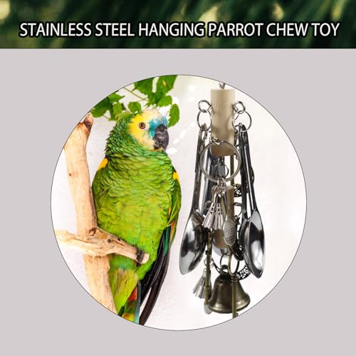 Kenkont Metal Spoon Bell Parrot Toy, Hanging chew Toy | Stainless steel spoon and bell, crisp sound, durable, relieve boredom, perfect cage decoration