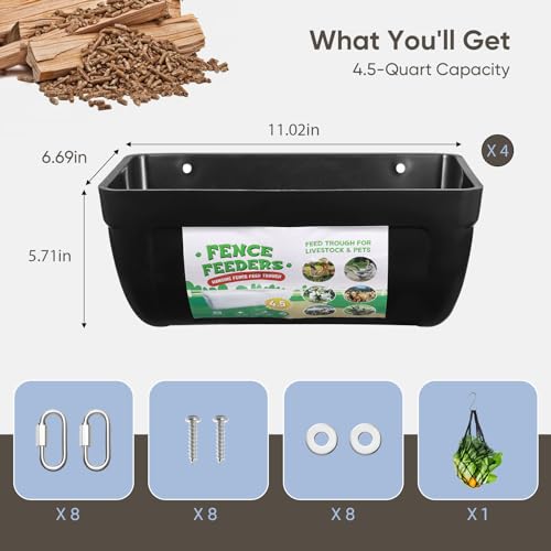 4 Pack Goat Feeders Hanging, 4.5 Quart Black Chicken Feeder, Rabbit Feeders | Feed Buckets for Horses with Clips Hanging Fence Feeders, Duck Feeder, Chicken Water Feeder, Poultry Feeding Trough - color: black