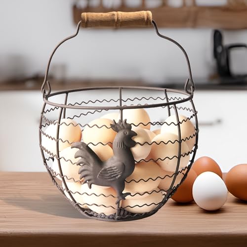 Wire Egg Basket for Gathering Fresh Eggs, Rustic with Rooster & Wood Handle | Vintage, Rusty Metal Open Weave, Backyard Chicken Keepers, Holds 24, Easter/Xmas Gift, Egg Collecting Basket, Kitchen Counter