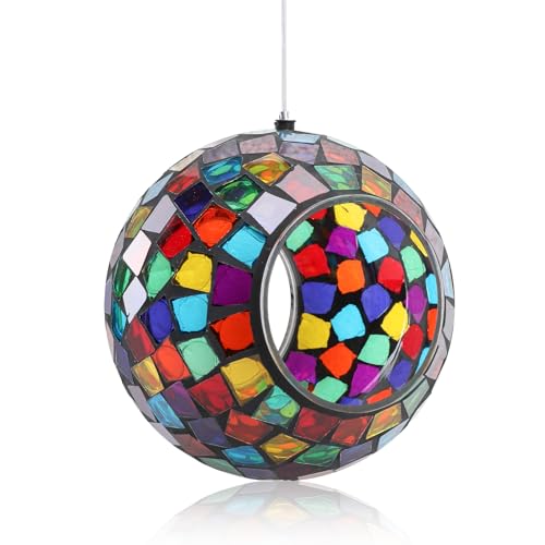 VCUTEKA Mosaic Bird Feeder Fly Through Hanging Birdfeeders for Garden Decor | 7" Mosaic Bird Feeeder for Outside, Round Polygon Shape Glass Container to Attract Wild Birds for Outdoors Garden Lawn Decor - color: Yellow&Red